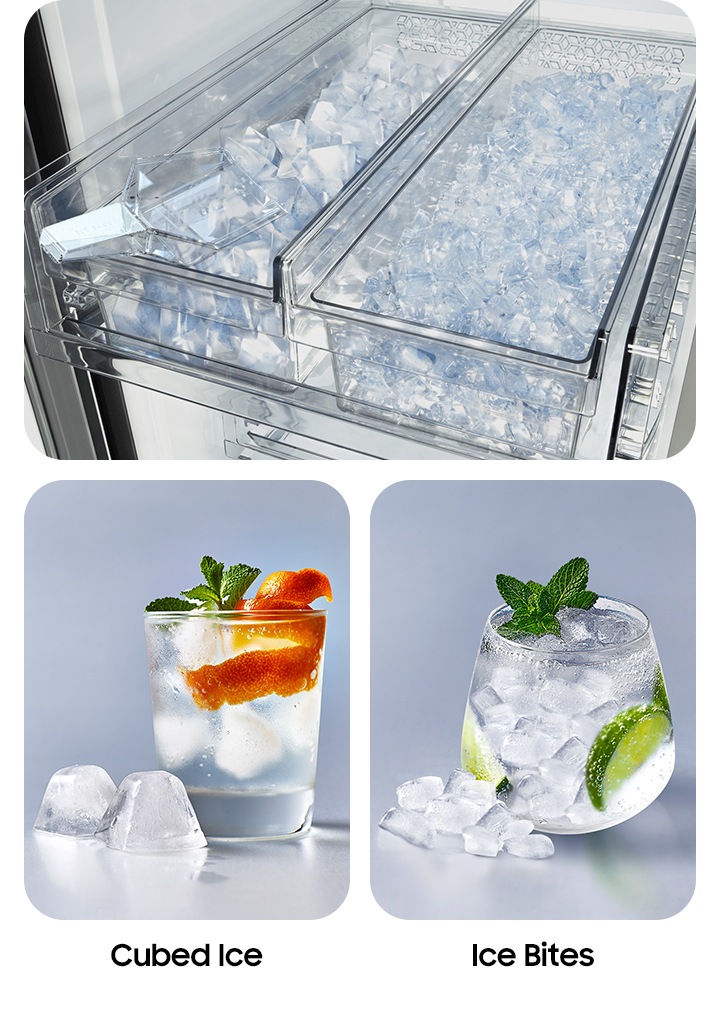 Plumbed Dual Ice Maker offers the convenience of both Cubed Ice and Ice Bites.
