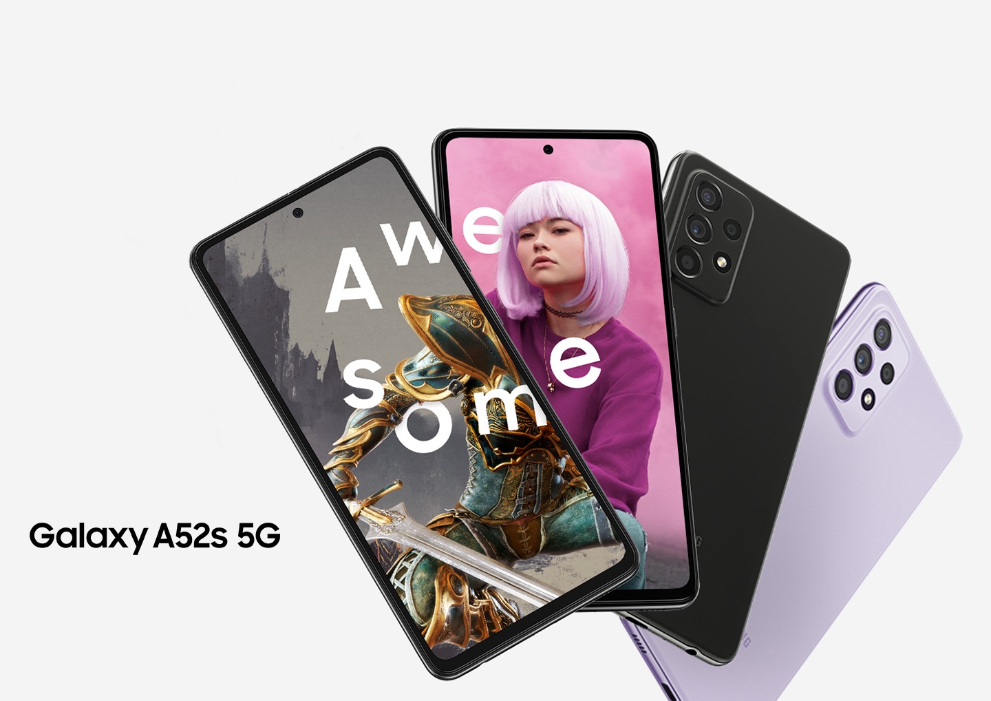 Three Galaxy A52s 5G phones fanned out, two seen from the front and two seen from the rear. The one seen from the rear \ in Awesome Black. One phone has a scene from a video game onscreen, and the other displays a woman in a pink wig. Both phones have the word Awesome spread across it.