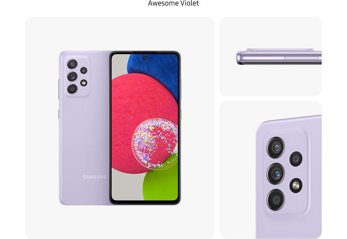 Galaxy A52s 5G in Awesome Violet, seen from multiple angles to show the design: rear, front, side and close-up on the rear camera.