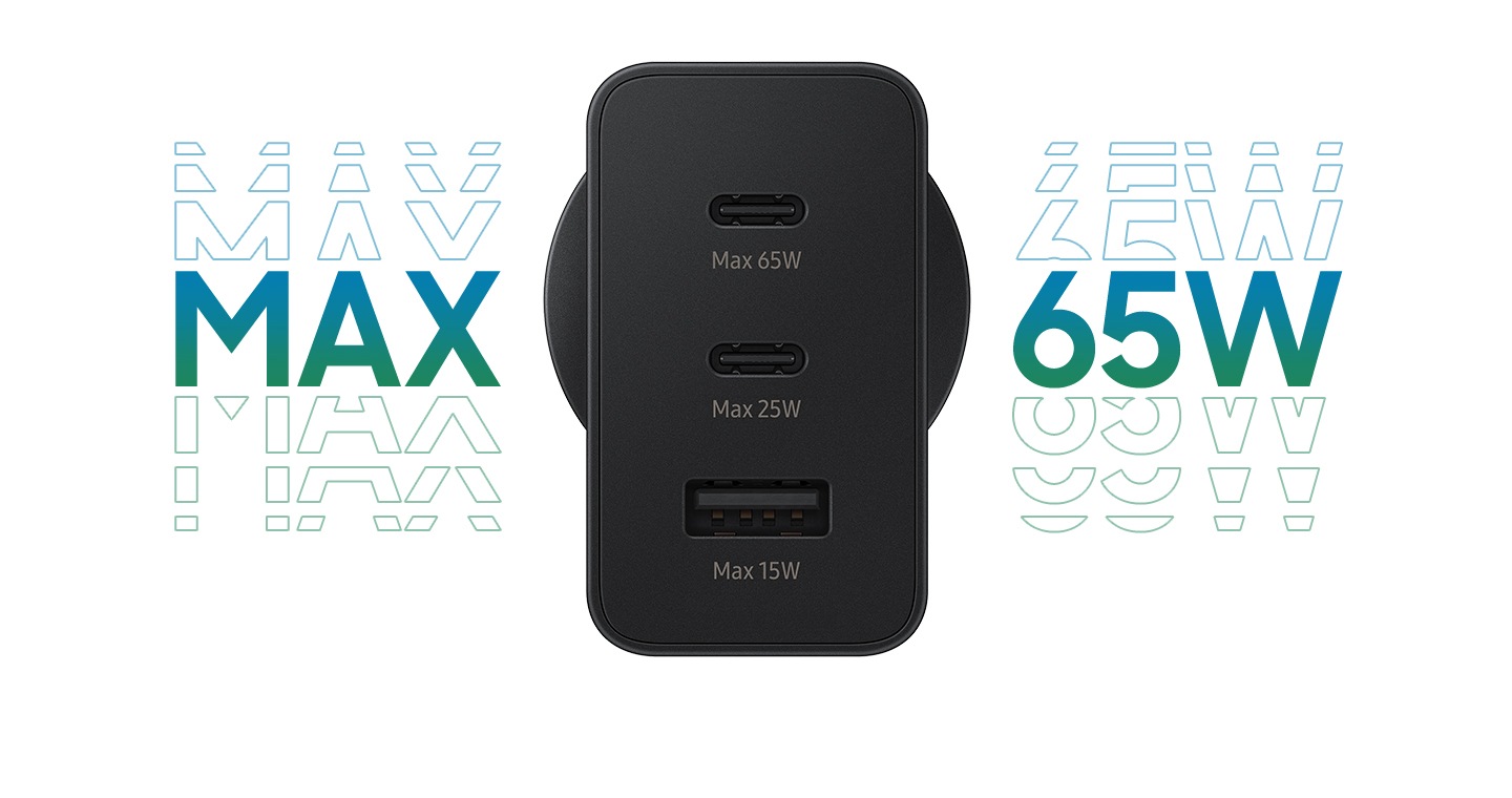 There is a close-up of the charger’s back, with three ports: two USB C, one with the words Max 65W underneath, and another with the words Max 25W, and one USB A-port with the words Max 15W. The words Max 65W is in large blue and green font to the left and right of the adapter.