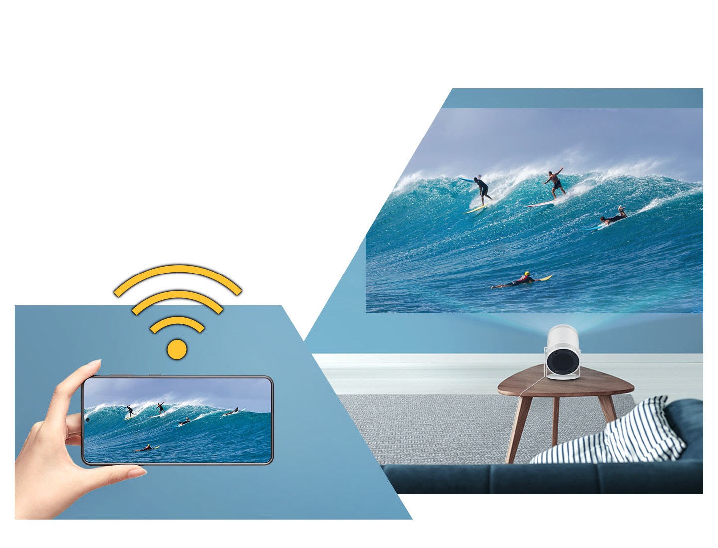 Wi-Fi sign over a hand holding a mobile device. A surfing picture on the mobile device is mirrored on The Freestyle's large screen.