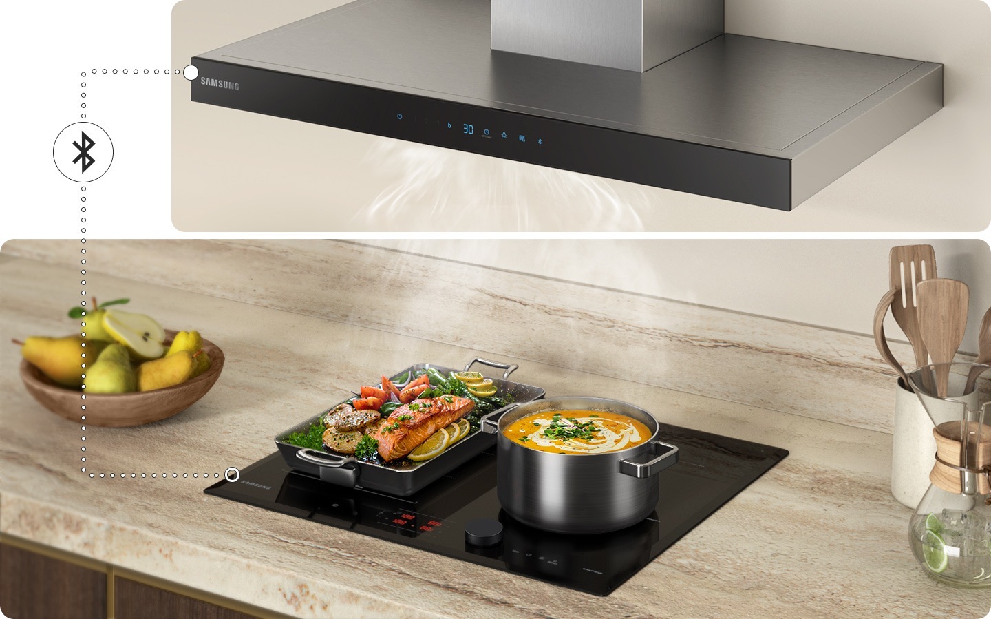 You can control the hood and cooktop at once by connecting them via Bluetooth.