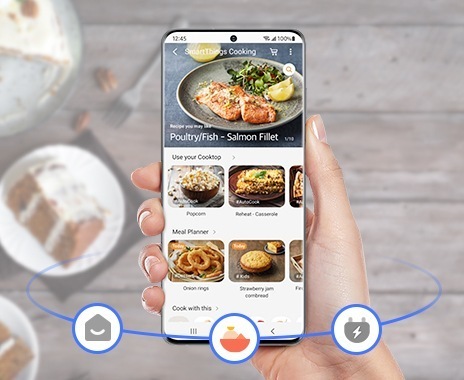 A person is using the SmartThings Mobile App for cooking.