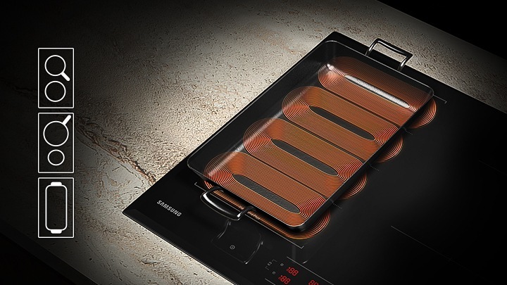 Four oval-shaped heat sources are under the rectangle pan. Icon shows the Flex Zone Plus can be used in three ways. First is one large rectangle pan. Second is small sized pan and large sized pan. Third is two medium sized cook ware.