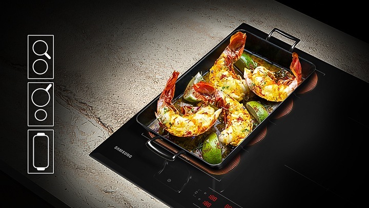 A rectangle pan with shrimps and limes is on the Flex Zone Plus. Icon shows the Flex Zone Plus can be used in three ways. First is one large rectangle pan. Second is small sized pan and large sized pan. Third is two medium sized cook ware.