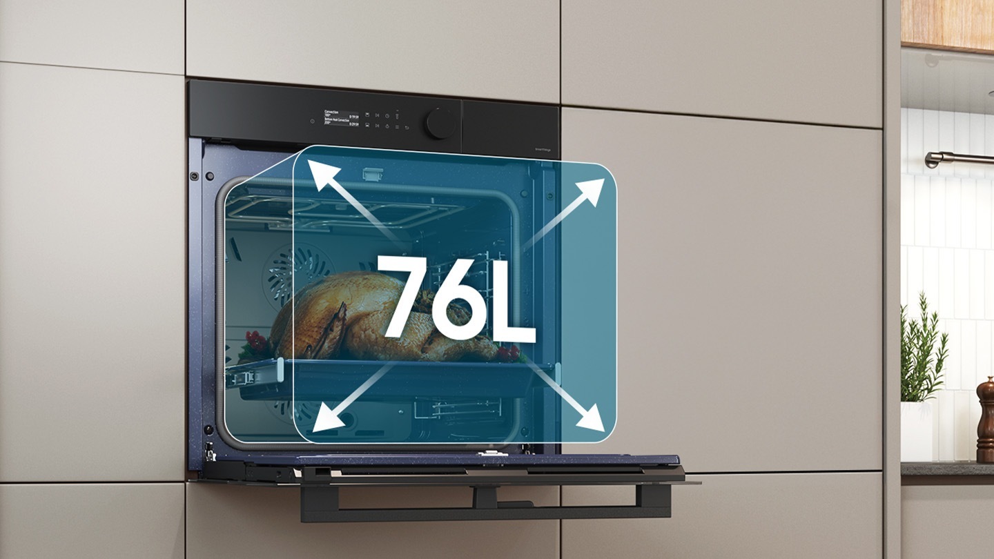 Shows a large turkey cooking inside the spacious oven with arrows illustrating its 76 liter capacity.