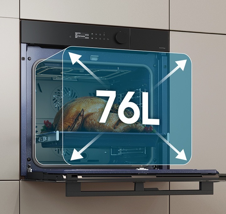 Shows a large turkey cooking inside the spacious oven with arrows illustrating its 76 liter capacity.