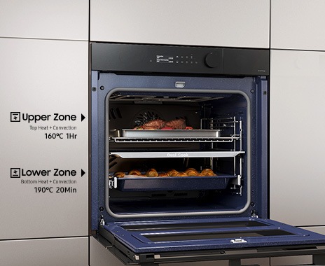 Shows the upper and lower zones being used independently to cook different dishes at the same time using different settings.