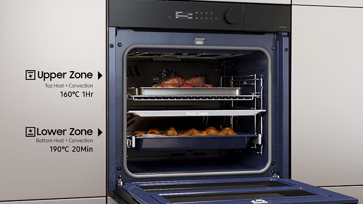 Shows the upper and lower zones being used independently to cook different dishes at the same time using different settings.