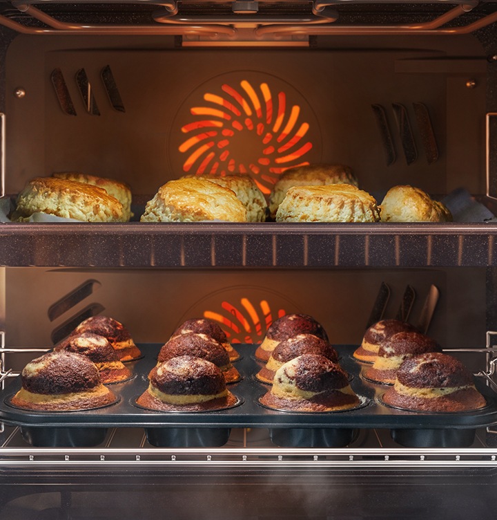 Shows various cakes and pastries being baked in the oven using the convection system, but being kept moist with steam using the Add Steam option.