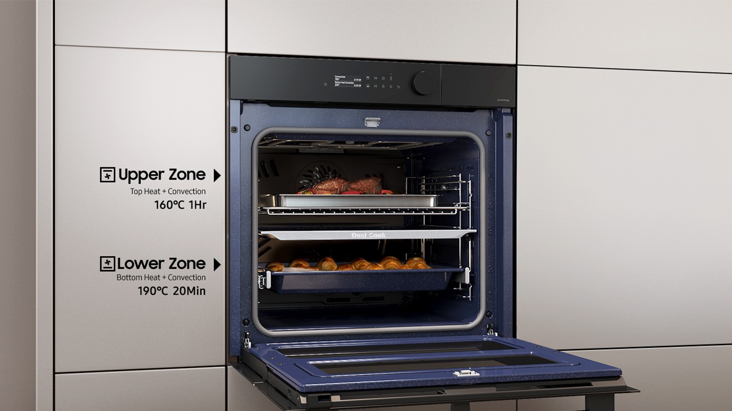 Shows the upper and lower zones of the Dual Cook Flex system being used independently to cook different dishes at the same time with different settings: the upper zone using top heat + convection for 1 hour at 160°C and the lower zone using bottom heat + convection for 20 minutes at 190°C.