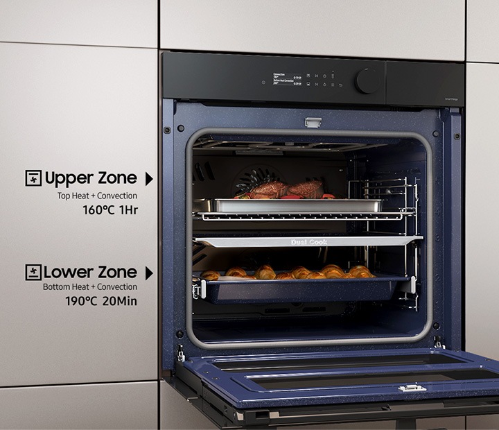 Shows the upper and lower zones of the Dual Cook Flex system being used independently to cook different dishes at the same time with different settings: the upper zone using top heat + convection for 1 hour at 160&deg;C and the lower zone using bottom heat + convection for 20 minutes at 190&deg;C.