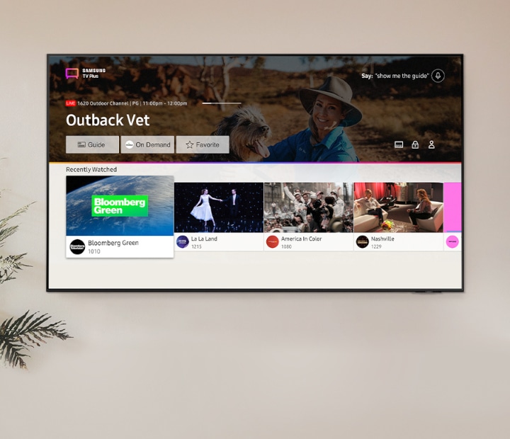 Samsung TV Plus user interface image shows various images of popular content.