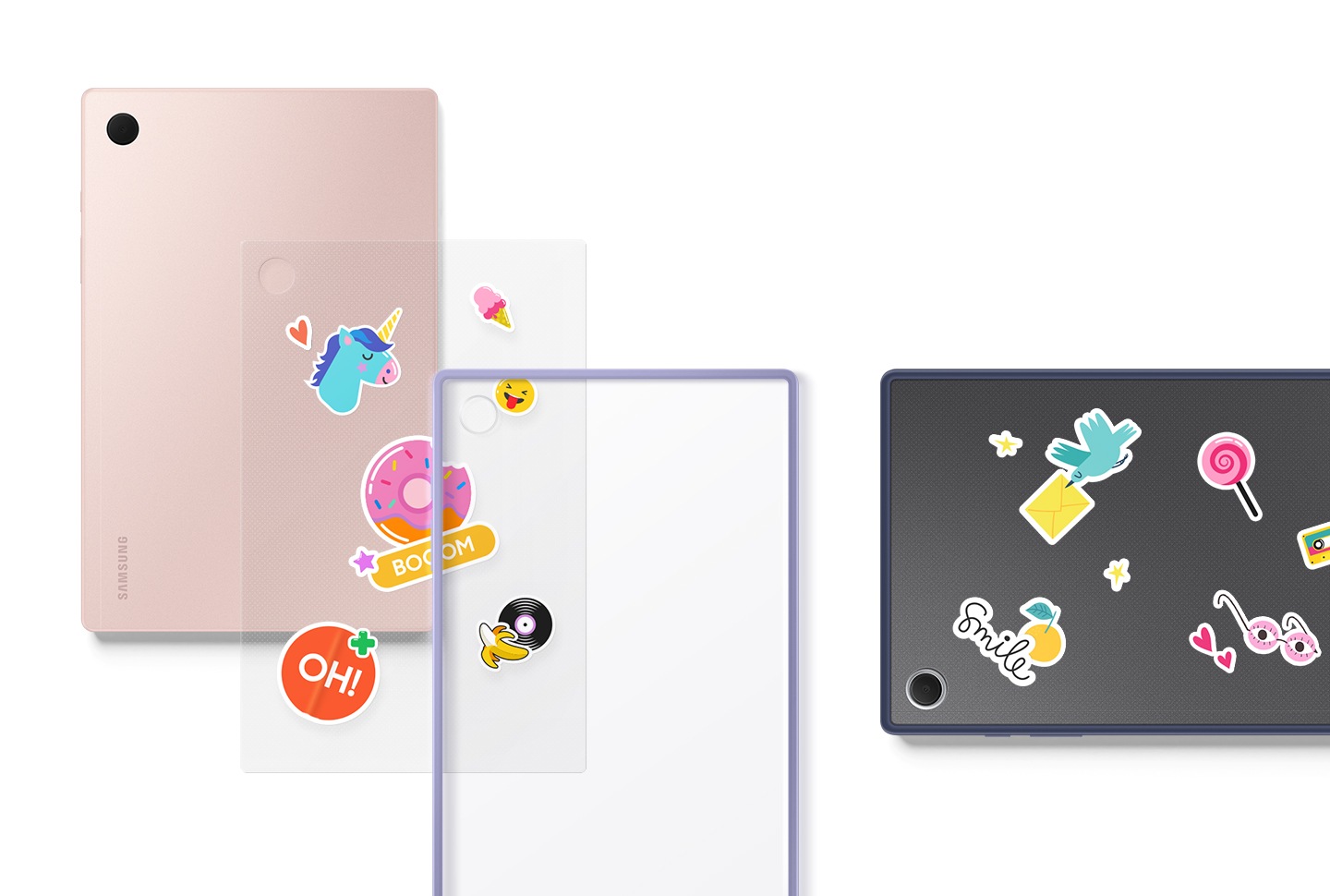 On the left, there is a pink Galaxy Tab A8. Placed overtop is a clear film with several stickers, and a Clear Edge Cover. To the right is the back of a Galaxy Tab A8 with a Clear Edge Cover decorated by stickers.