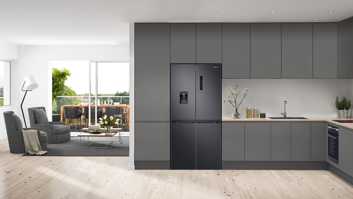 Slim Fit 488L French Door Refrigerator SRF5700BD design for a standard 1800mm high / 900mm wide cavity, common in many Australian kitchens.²