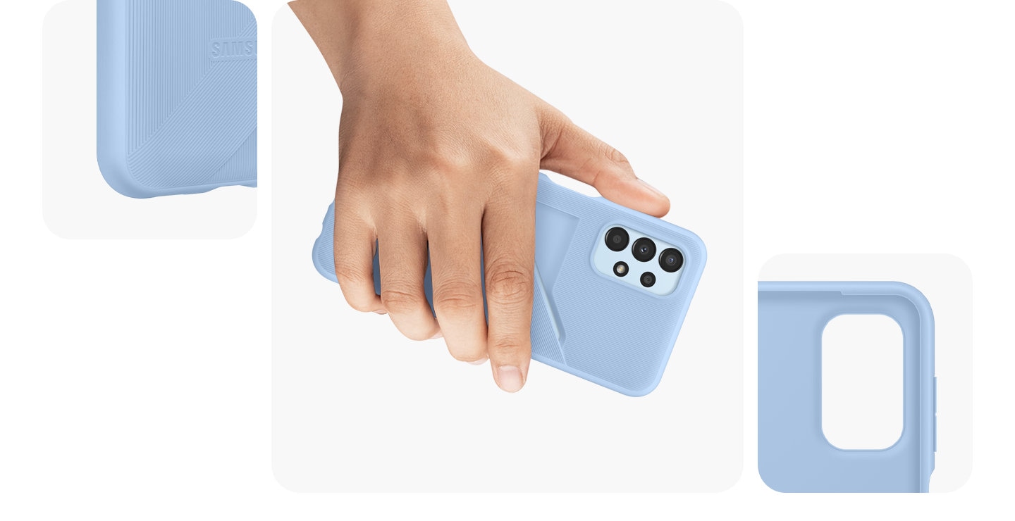 A detailed zoom-in of the Card Slot Cover in Arctic Blue is shown. A hand is comfortably holding a Galaxy device wearing an Arctic Blue Card Slot Cover.