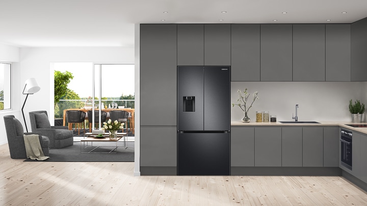 Slim Fit 495L French Door Refrigerator SRF5300BD design for a standard 1800mm high / 900mm wide cavity, common in many Australian kitchens.²