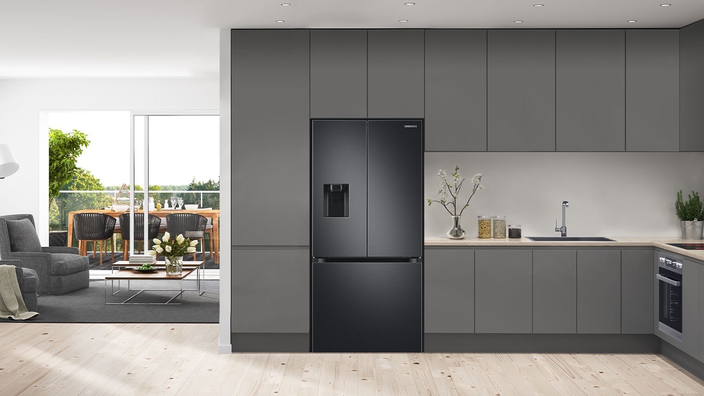 Slim Fit 495L French Door Refrigerator SRF5300BD design for a standard 1800mm high / 900mm wide cavity, common in many Australian kitchens.²
