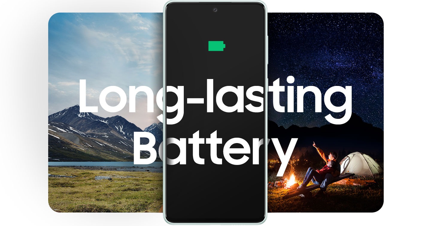 A Galaxy A73 5G is in between two landscape photos. On the left, a beautiful mountain landscape in bright daylight. On the right, a man sitting in front of a campfire, pointing to the stars on a dark, night sky. Text in the center reads 2 Days Battery.