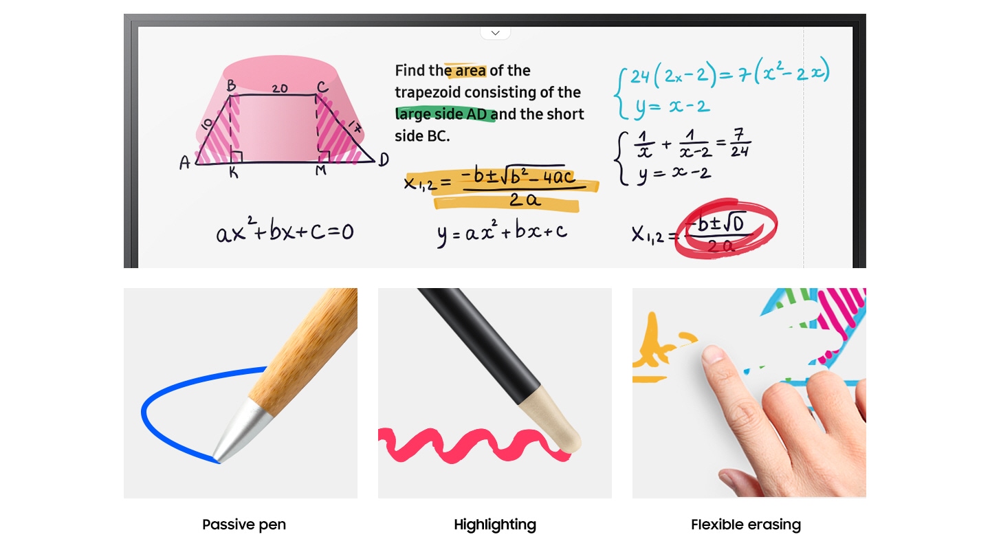 Math formulas on the Flip 3’s screen, and showcasing the Passive pen, Highlighting and Flexible erasing functions.