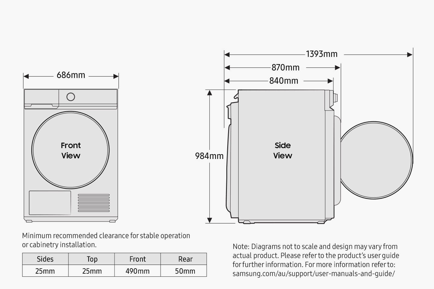 There are top and side views of a Samsung Bespoke Grande AI dryer with detailed dimensions. The dryer is illustrated from the top and has its door open perpendicularly to the machine, creating a 90 degree angle. The depth of the dryer itself is 840mm and the depth including the distance between the dryer and the rear wall is 860mm. The total depth of the dryer when the door is open is 1,393mm. The width of the dryer is 686mm. The dryer is illustrated from the side with its door wide open. The height of the dryer is 984mm.