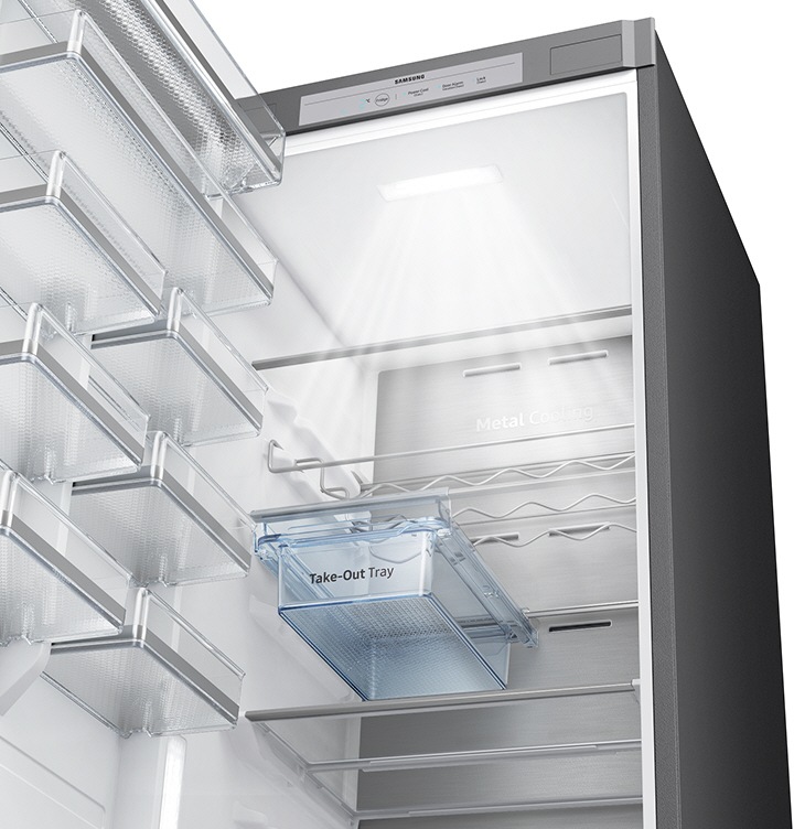 The inside of the Bespoke RR7000M Fridge is visible and the LED light is on at the top.
