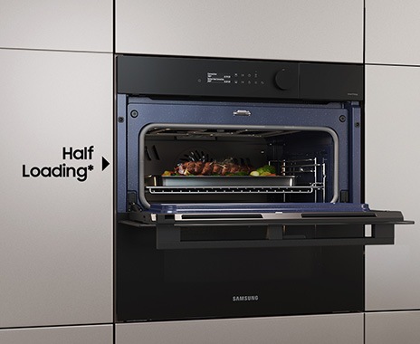 Shows the upper and lower zones being used independently to cook different dishes at the same time using different settings.