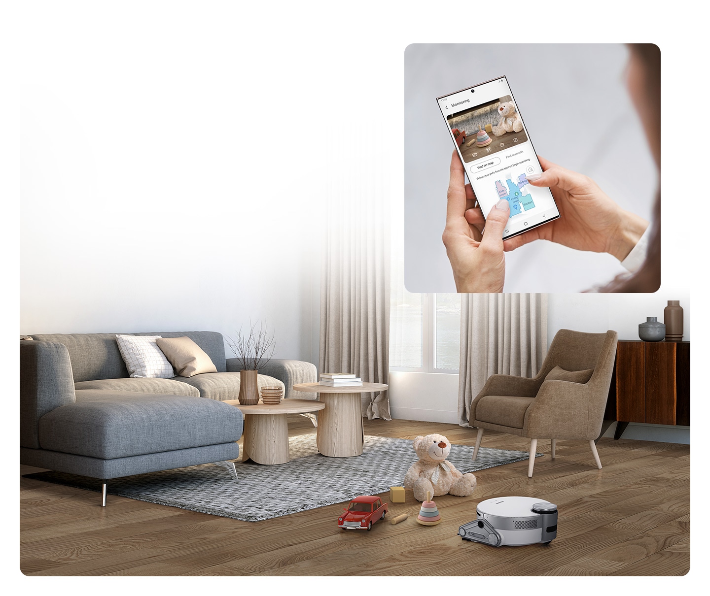 A Jet Bot elülső kamerája és a SmartThings segítségével a felhasználó biztonságos élő közvetítést néz a nappaliból, ahol egy babát és játékokat helyeznek a földre, miközben távol van otthonától.