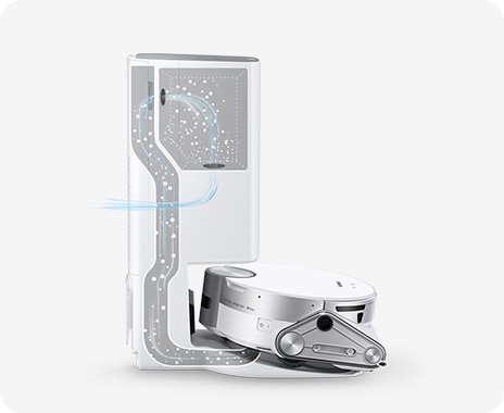 A JetBot AI+ a Clean Station állomással dokkol, amely szívással automatikusan és higiénikusabban távolítja el a port.