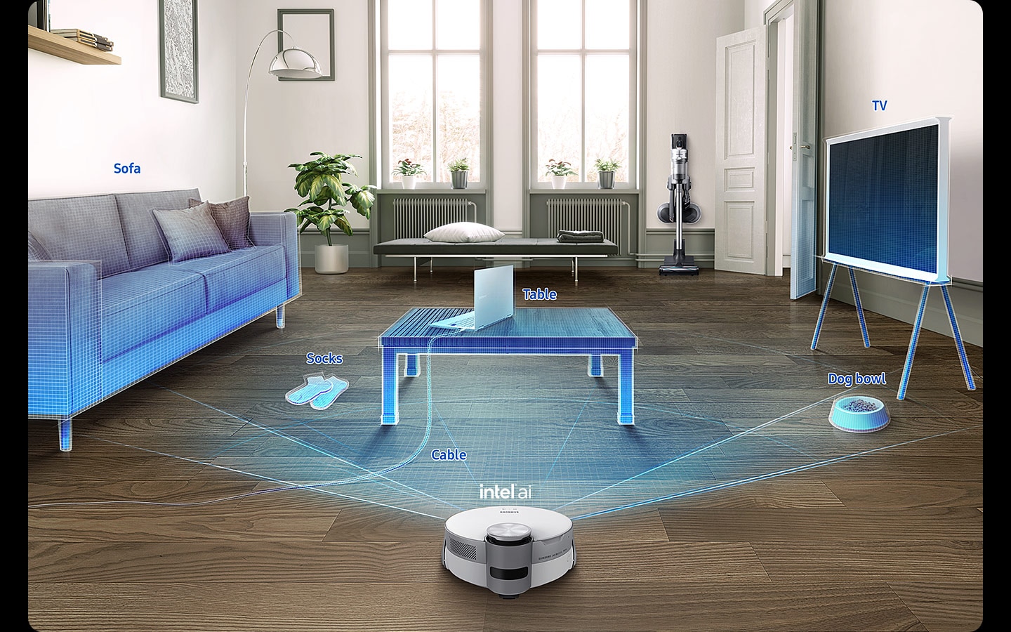 Az Intel AI technológiával rendelkező Jet Bot AI+ az AI objektumfelismerés segítségével érzékeli a kanapét, a kábelt, az asztalt, a kutyatálat, a zoknit és a TV-t előtte a padlón, így szorosan és hatékonyan tisztítja körülöttük.
