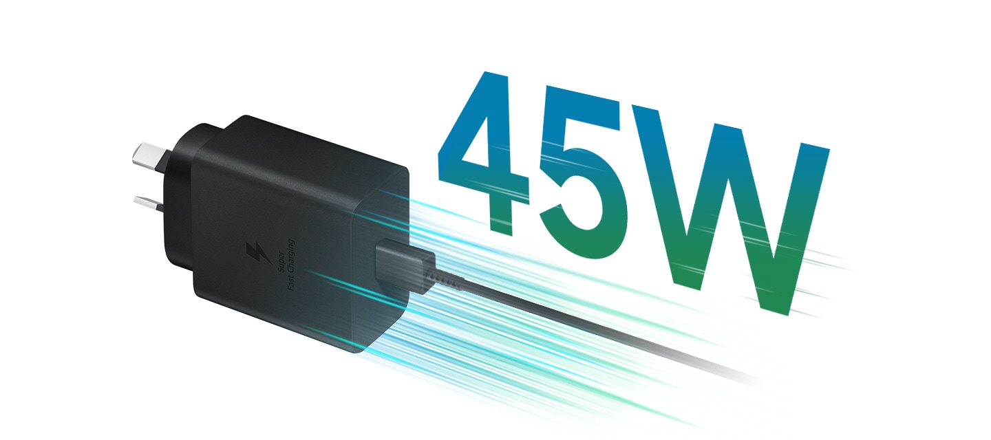 A black USB Type-C adapter has green streaks around it indicating super fast charging. The text 45W is above the cable in green.