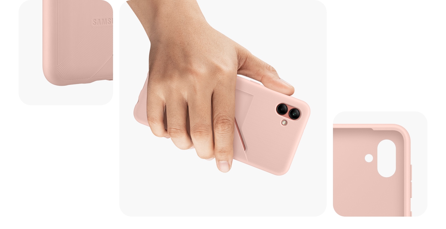 A detailed zoom-in of the Card Slot Cover in pink is shown. A hand is comfortably holding a Galaxy device wearing a pink Card Slot Cover.