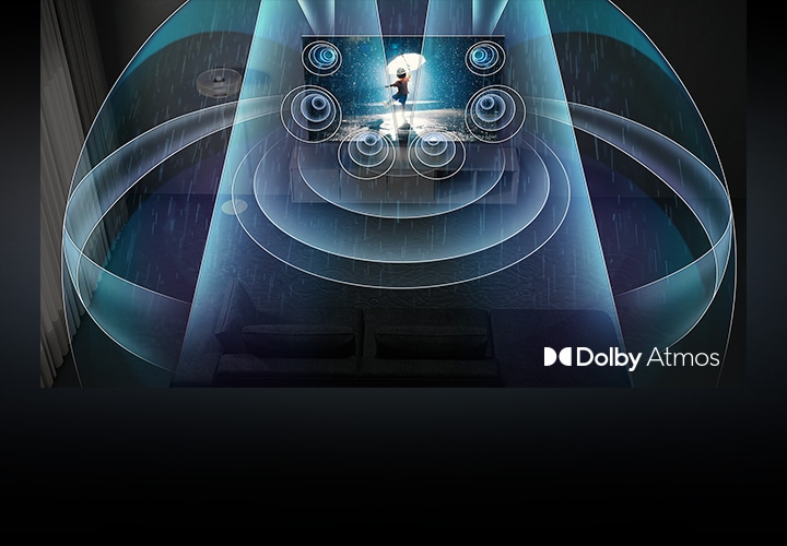A QLED TV is showing a child playing in the rain. Surround sound emitted from Dolby Atmos' top channel speakers is filling the room.