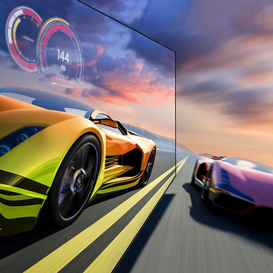 2 race cars are racing on a track. 1 looks clearer than the other and is going faster. 144Hz is on display.