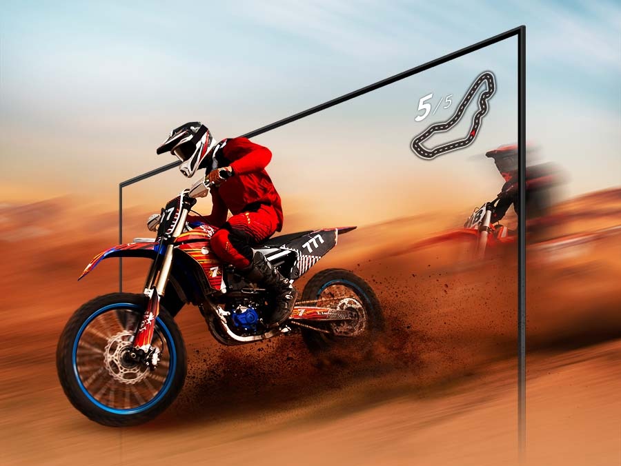 A dirt bike racer looks clear and visible inside the TV screen because of TV motion xcelerator technology.