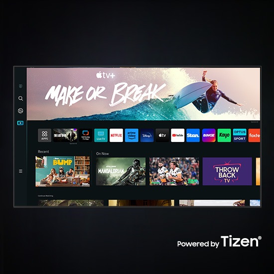 The new Smart Hub UI powered by Tizen is displayed to show a wide variety of OTT services and content being serviced. 