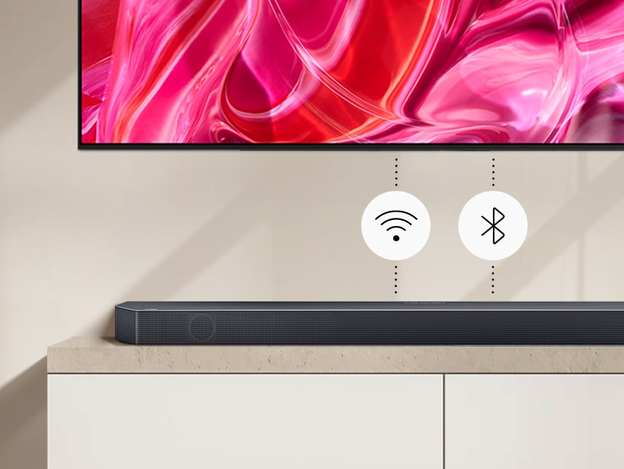Sound being played through Soundbar connected to TV with Wi-Fi and Bluetooth.