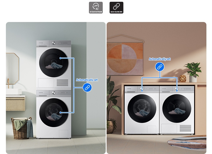 Two sets of washers and dryers are placed differently in two separate living spaces. Drying cycles are automatically set.