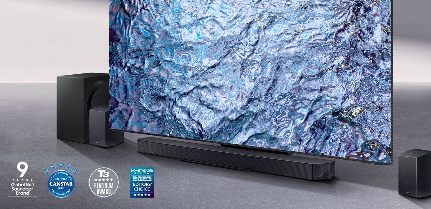 Samsung Q series Soundbar, subwoofer and rear speakers with QLED TV.