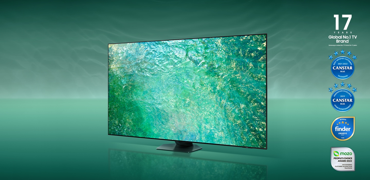 QN85c TV with background and awards