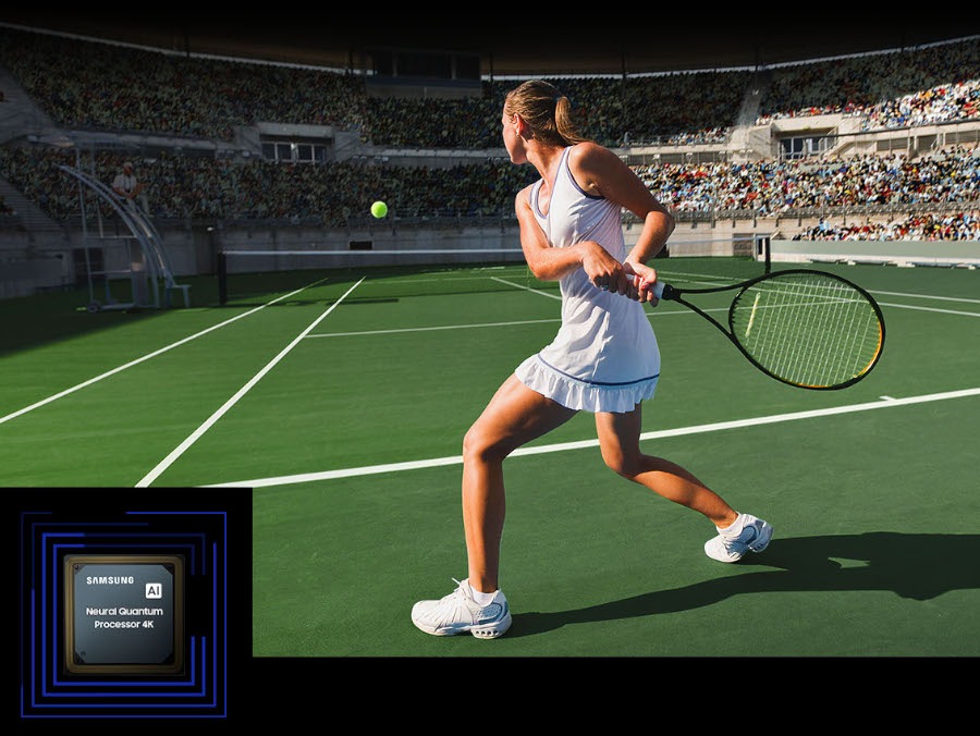 girl playing tennis with quantum neo logo in the corner of the screen