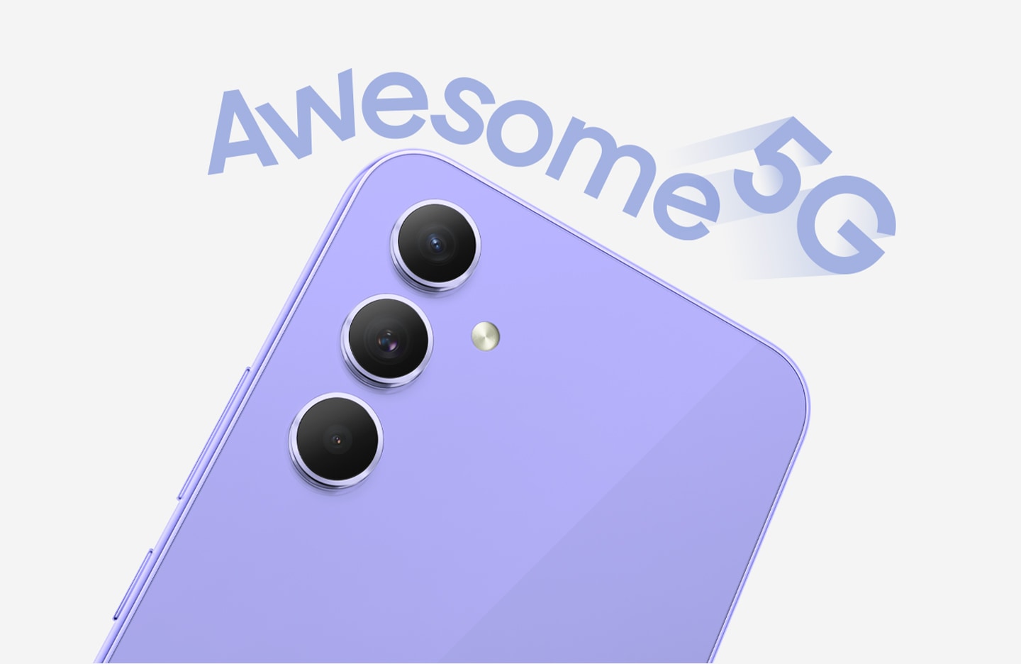 The top half of a Galaxy A54 5G's backside in Awesome Violet is shown with "Awesome 5G" on top.