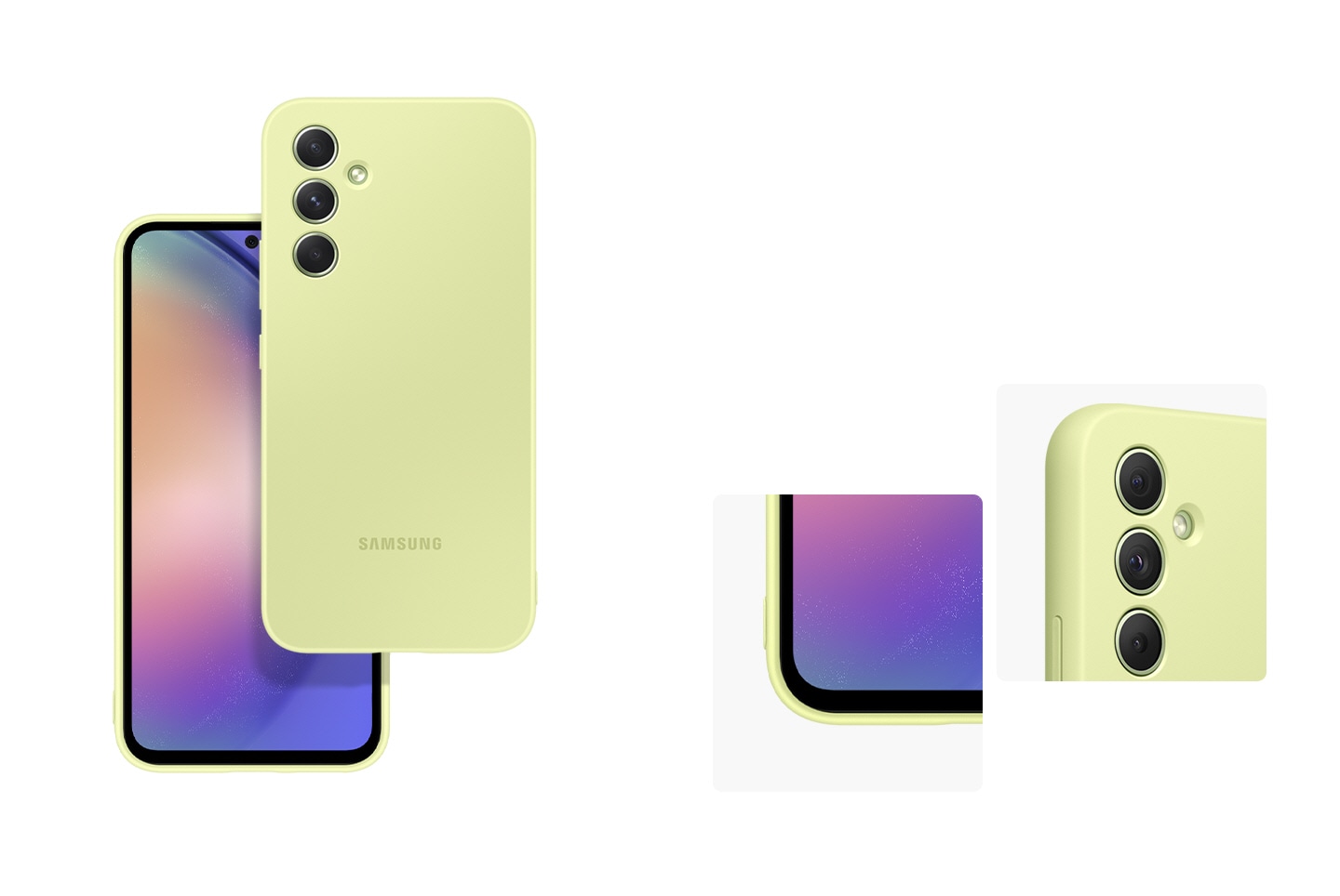 To the left, two Galaxy devices wearing Lime Silicone Cases are shown facing both directions to show the front and back. To the right, a Galaxy device wearing a Lime Silicone Case shows a corner area and the camera area to show its seamless fit.