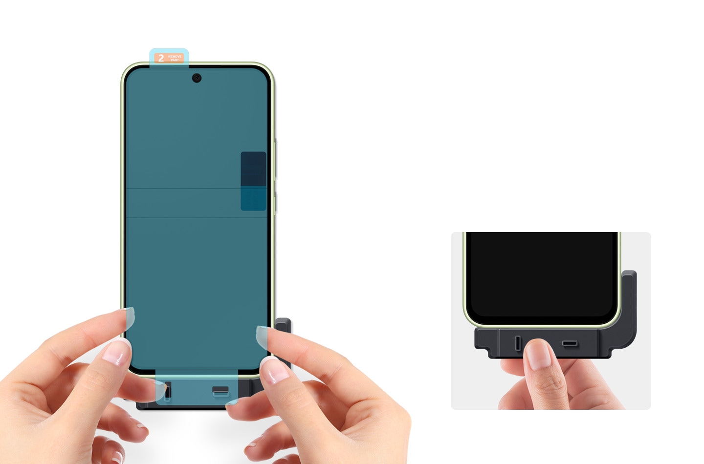 On the left, two hands are using the provided frame to cleanly install the Screen Protector. On the right, a hand holds up part of the frame after finishing an easy installation.