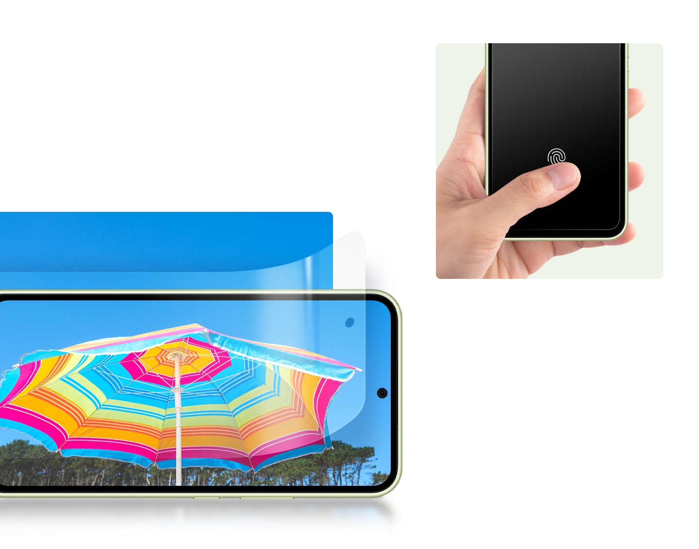 A Galaxy device showing a colorful sunshade under a blue sky on-screen has a Screen Protector film being installed. A hand holding a Galaxy device with a Screen Protector film installed is touching the fingerprint sensor area with a thumb.