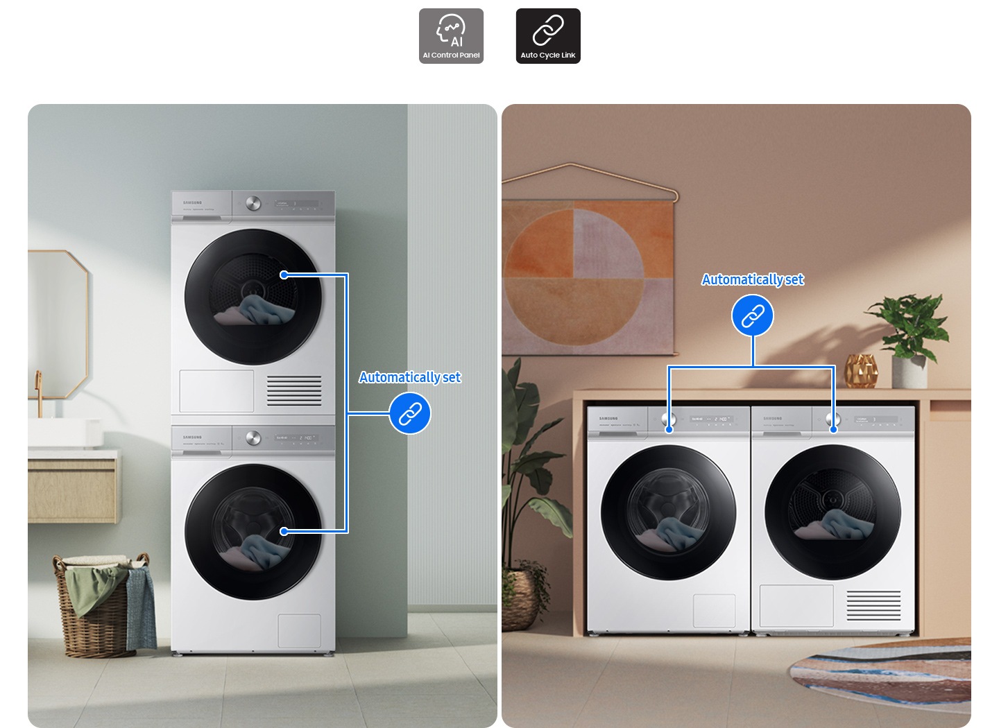 The AI washer’s control panel displays the Cycle suggestion, Habits learning, Informative display and guide.