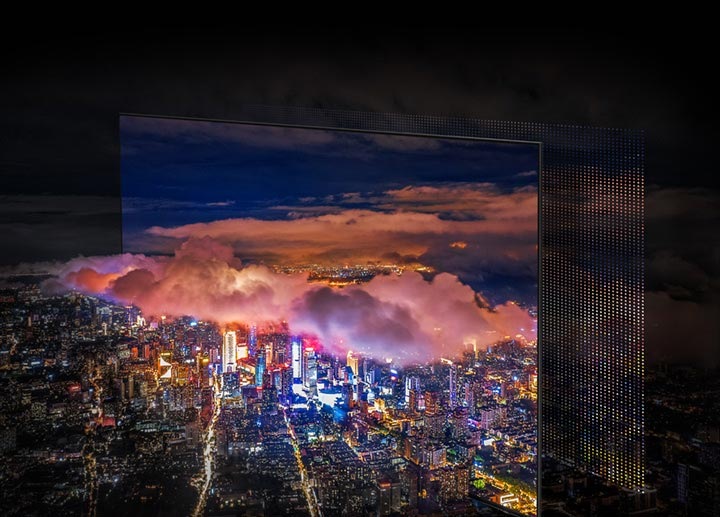 A city lit up by bright lights is on display. The colors and lights are vivid as OLED lights portray through the QD screen.