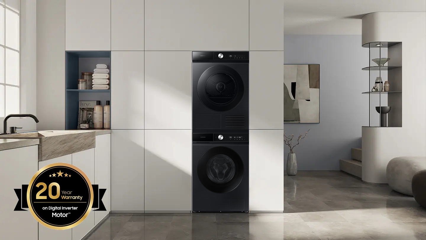 Bespoke 12kg washer and 9kg dryer are installed in the laundry room, with a stacking kit.