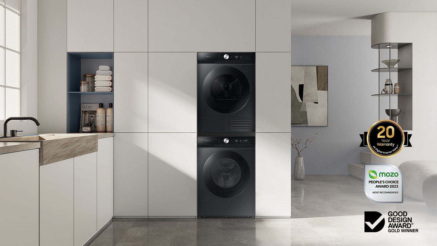 Bespoke 12kg washer and 9kg dryer are installed in the laundry room, with a stacking kit.