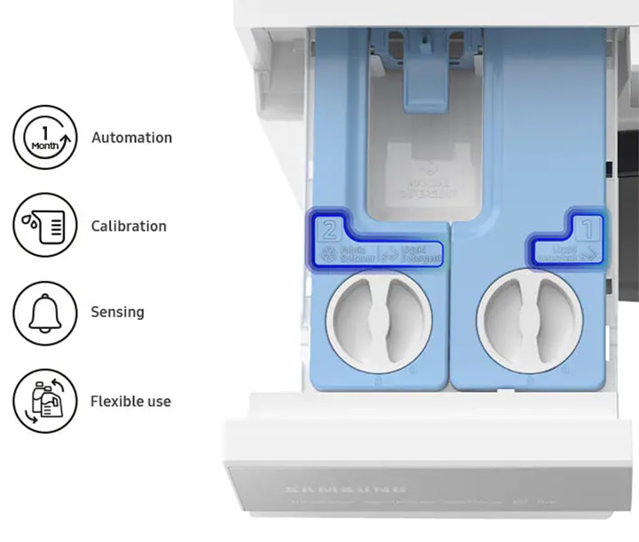 a tray drawer open for detergent with image showing settings on the washer